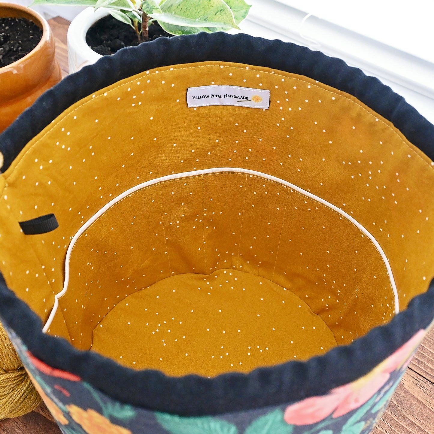 Large Bucket Style Drawstring Knitting Bag with Quilted Bottom