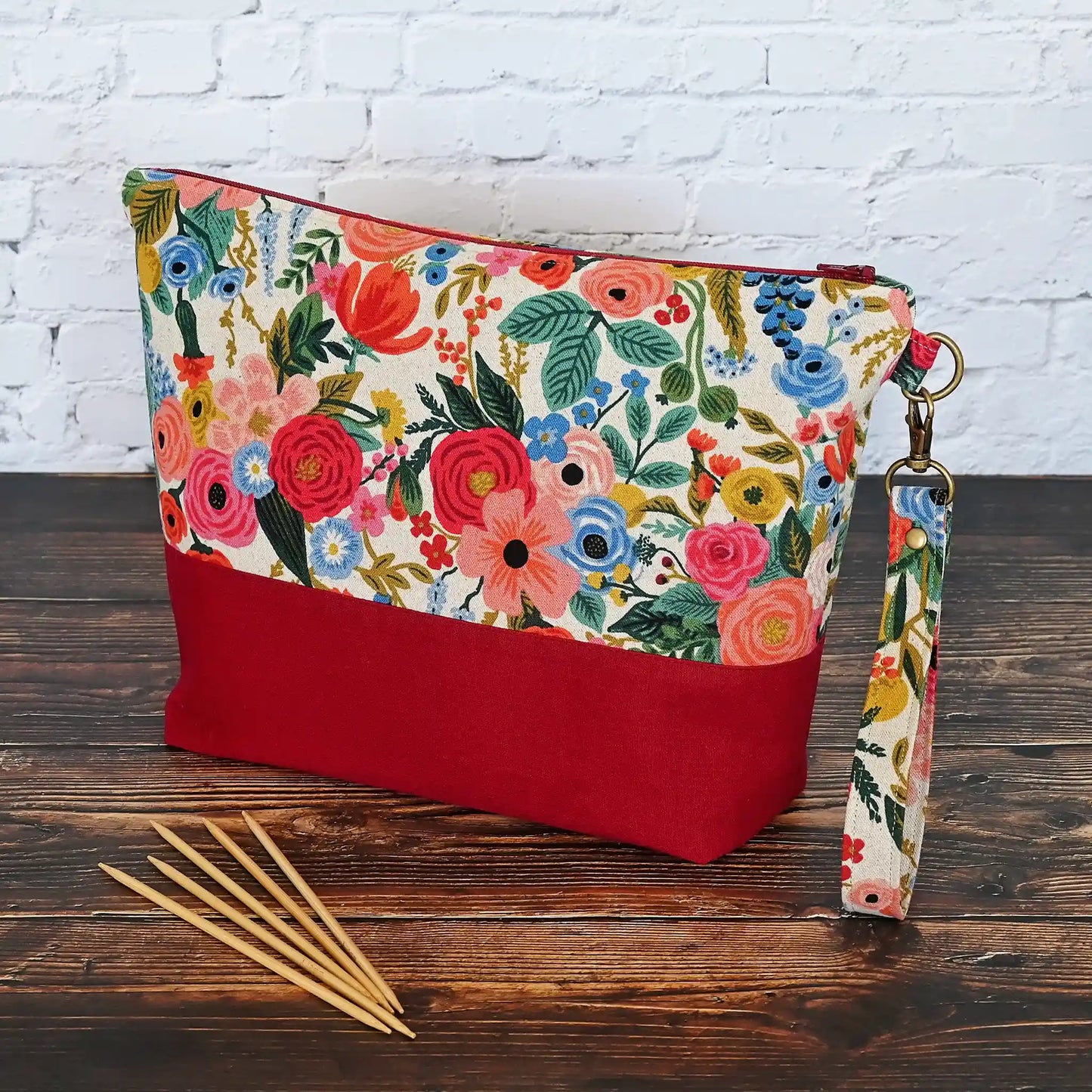 Gorgeous Garden Party canvas project bag with pockets and a removable wrist strap. Made in Canada by Yellow Petal Handmade.