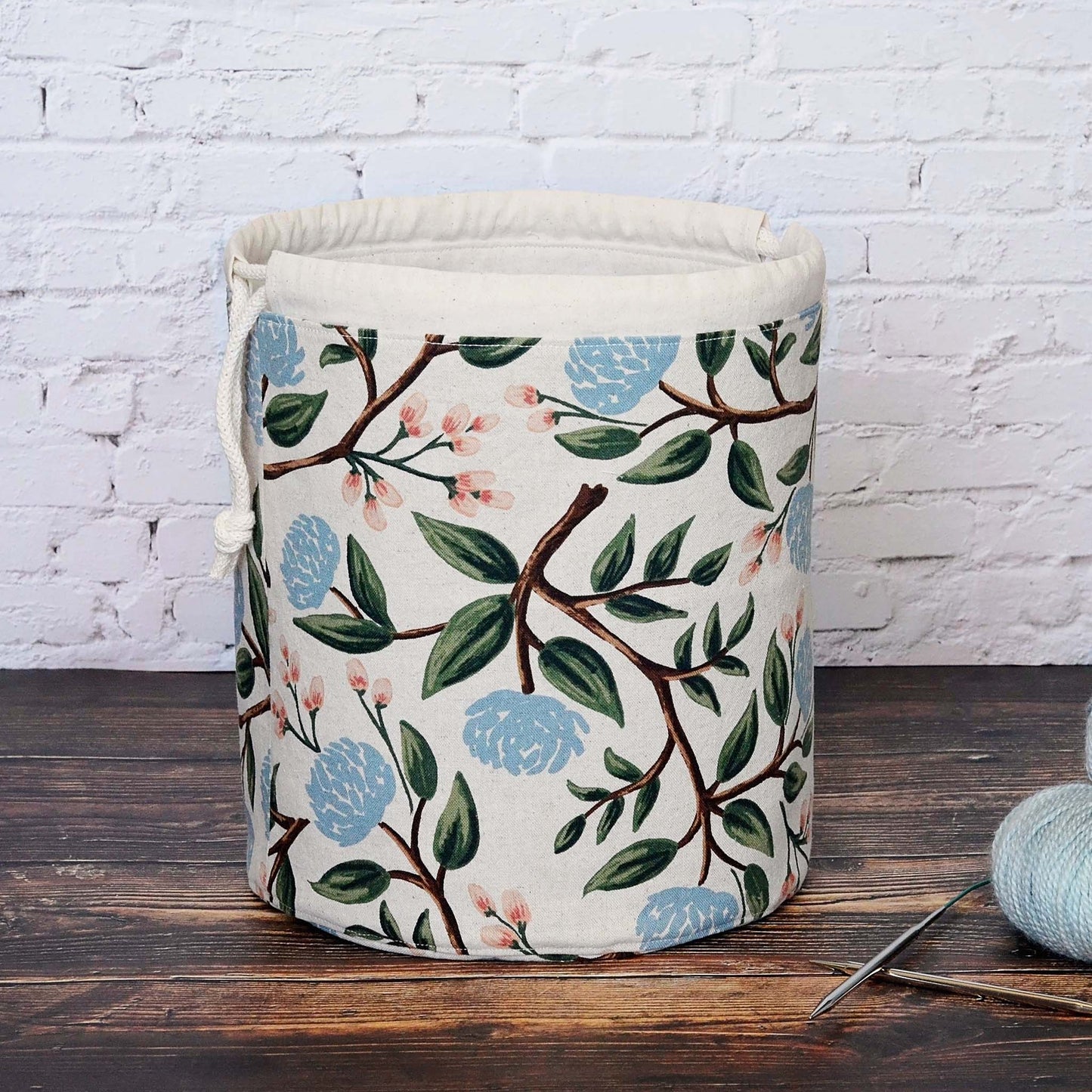 Peony canvas bucket bag in fabric from Rifle Paper Co. Handmade in Canada by Yellow Petal Handmade.