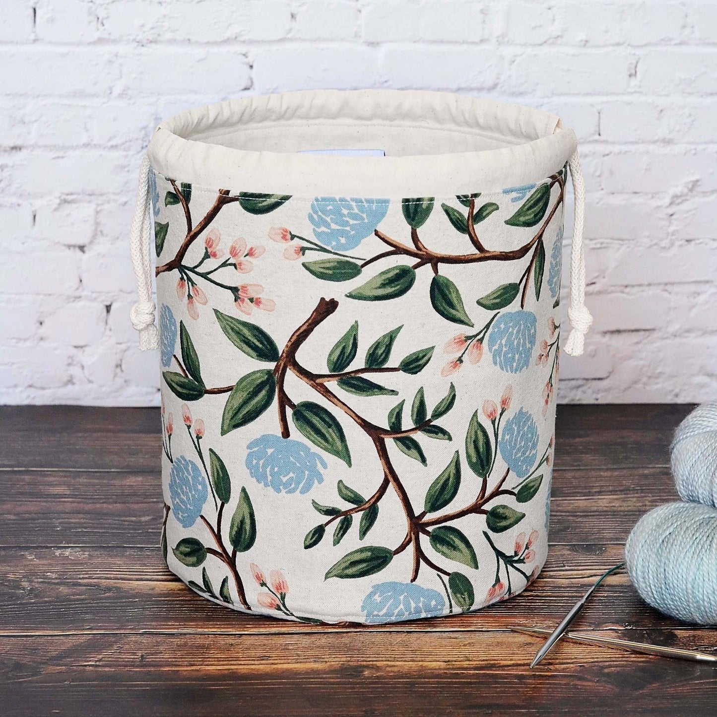 Peony canvas bucket bag in fabric from Rifle Paper Co. Handmade in Canada by Yellow Petal Handmade.