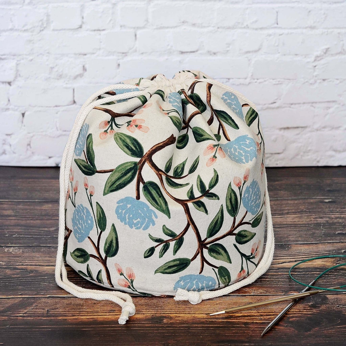 Peony canvas bucket bag in fabric from Rifle Paper Co. Handmade in Canada by Yellow Petal Handmade.