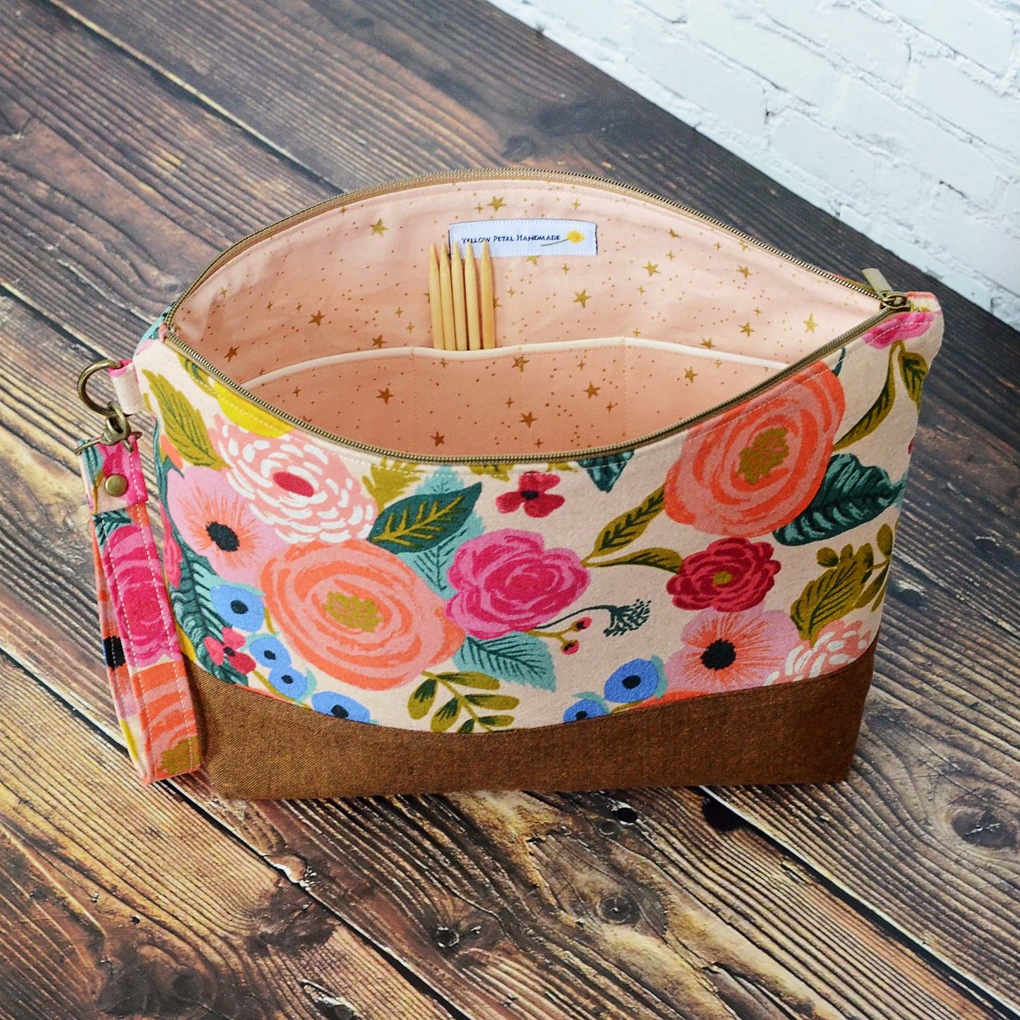Zippered project bags in Rifle Paper Co Canvas print with linen bottoms and lined in pretty cotton fabrics. Each have removable straps. Made in Canada by Yellow Petal Handmade.