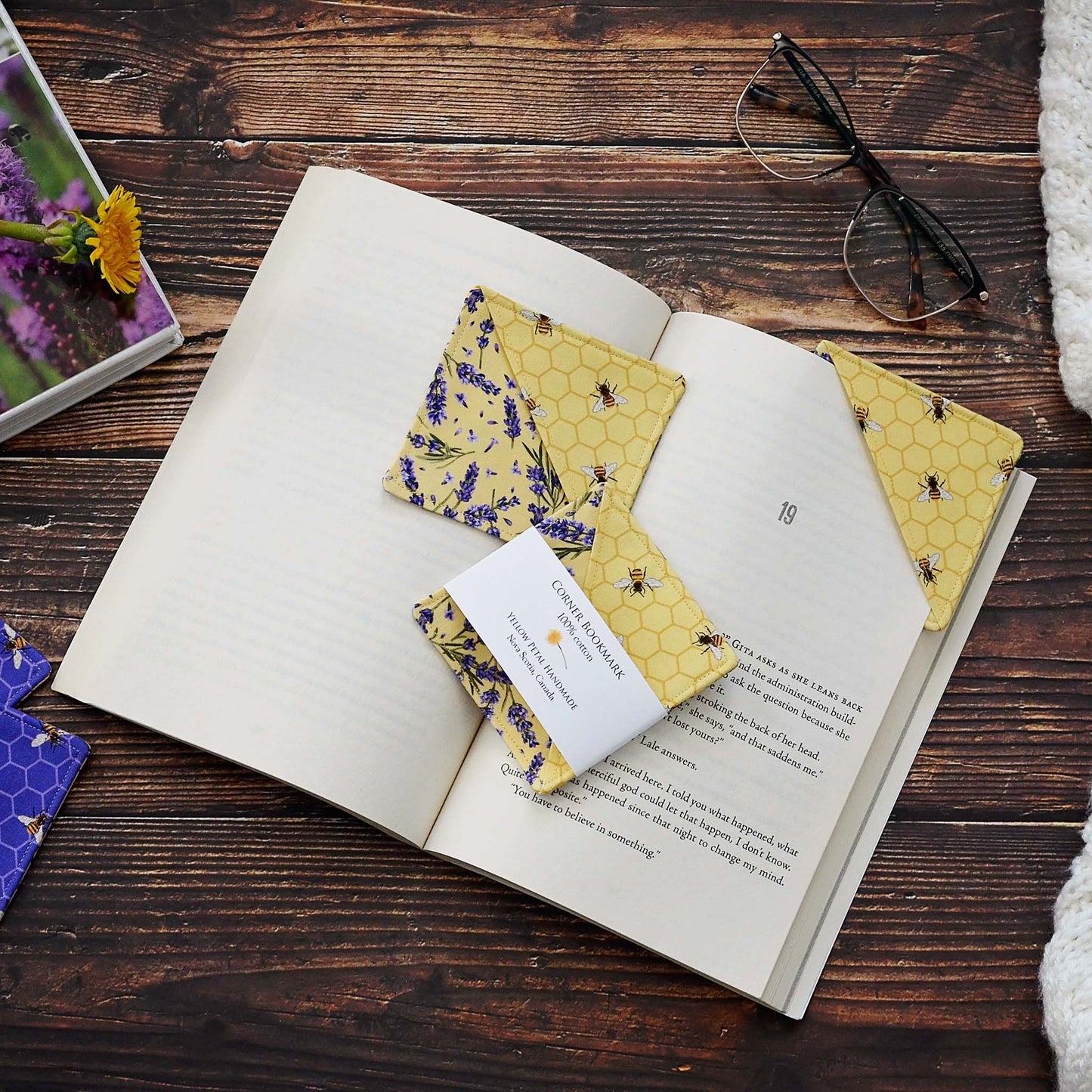 Pretty purple and yellow bee corner bookmarks made from 100% cotton. Made in Canada by Yellow Petal Handmade.