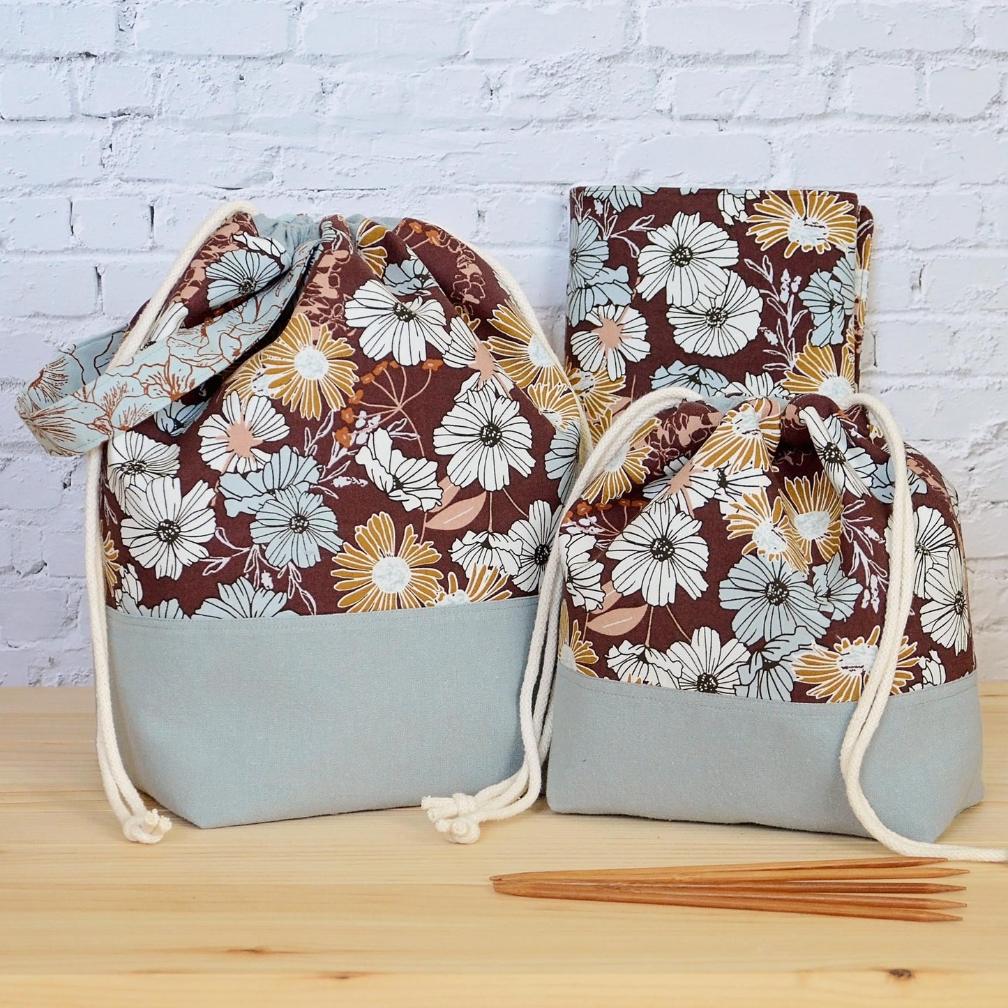 Knitting bag and needle wrap collection in beautiful florals. Made in Nova Scotia, Canada.