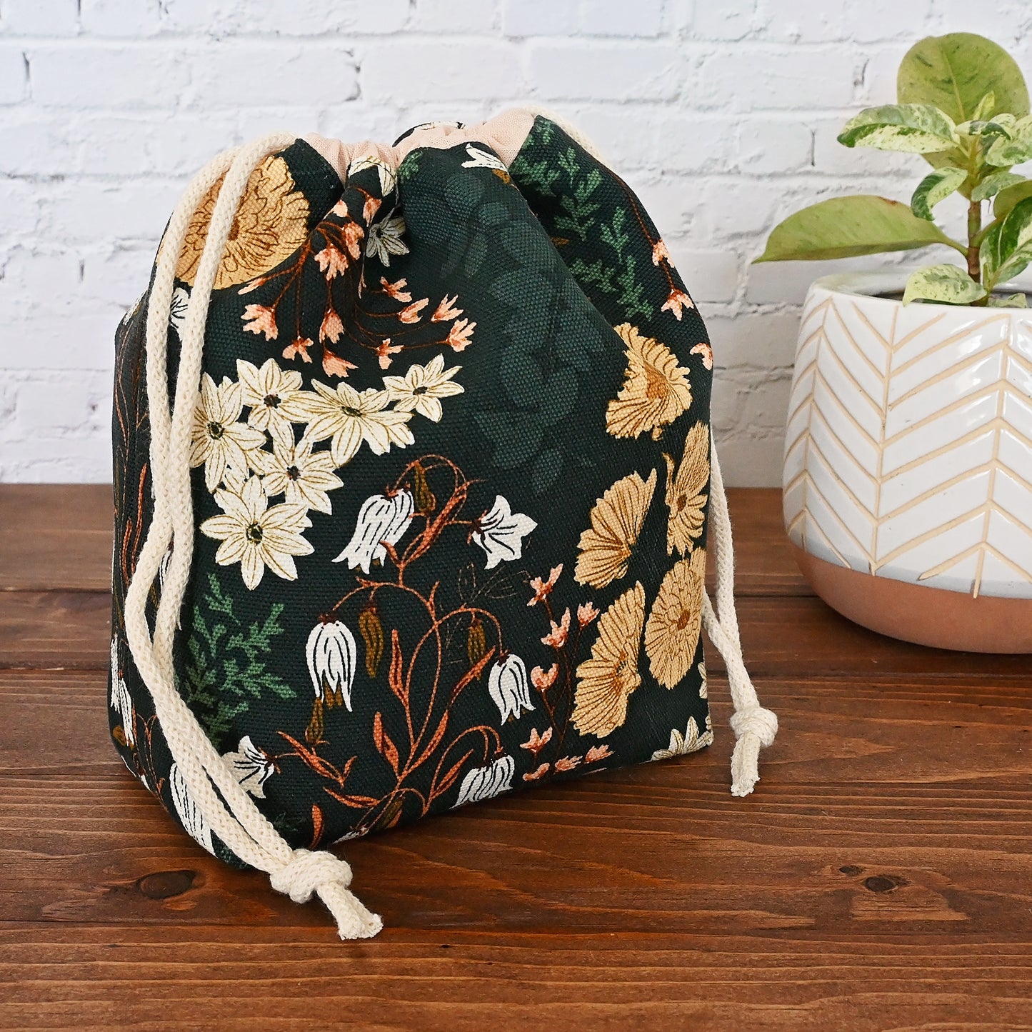 Green Floral Canvas Project Bag with Pockets