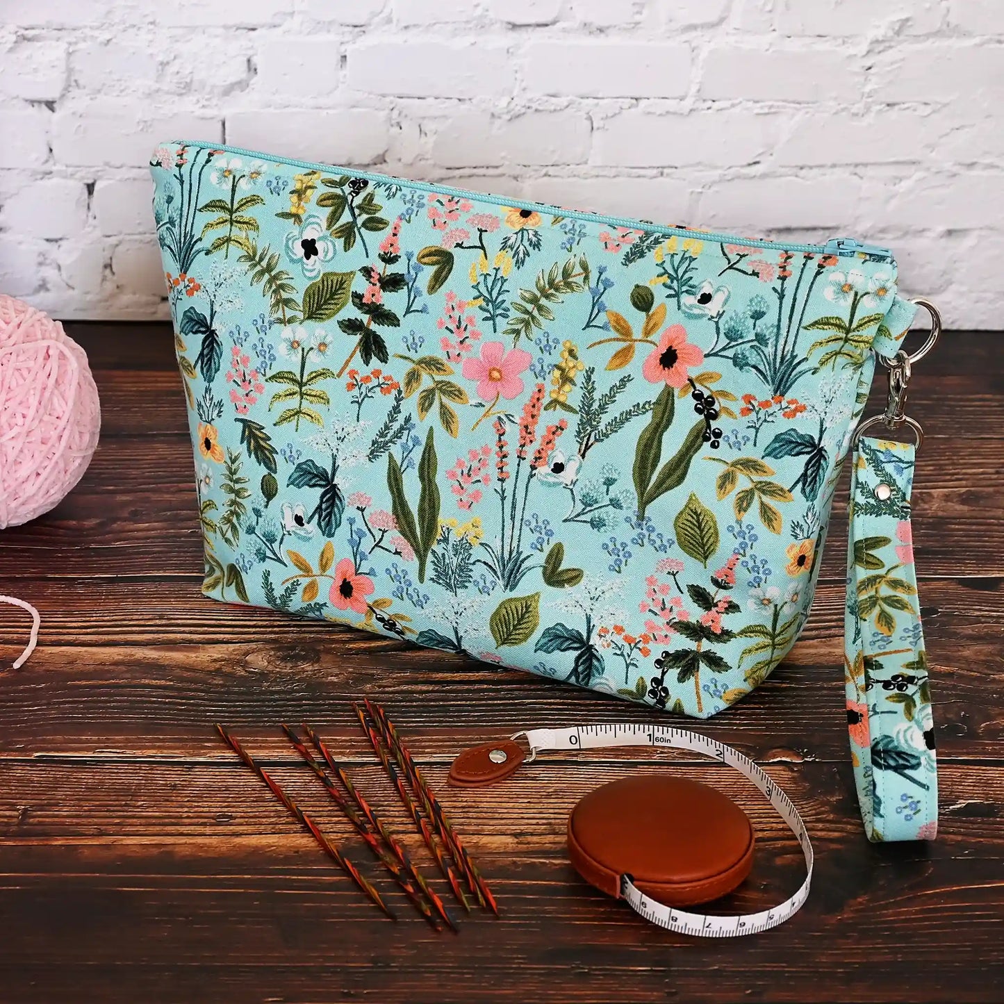 Pretty Aqua Zippered Project Bag in Rifle Paper Co. Fabric.