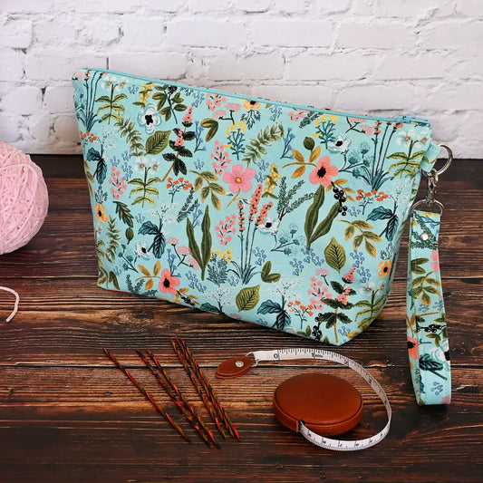 Pretty Aqua Zippered Project Bag in Rifle Paper Co. Fabric.