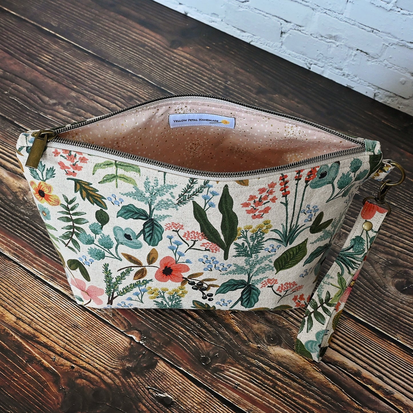 Natural Floral Project Bag with Strap in Rifle Paper Co's Amalfi Canvas