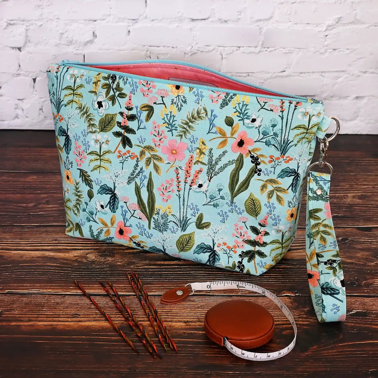 Pretty Aqua Zippered Project Bag in Rifle Paper Co. Fabric.