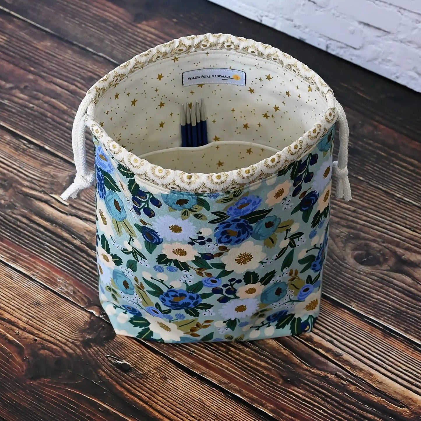 Aqua floral drawstring bag for knitting or crochet.  Made from Rifle Paper Co's Vintage Garden collection.  Made in Nova Scotia, Canada by Yellow Petal Handmade.