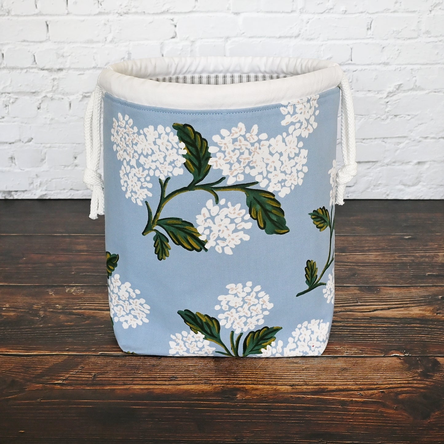 Pretty Drawstring Project Bag with Pockets in Pale Blue Hydrangeas