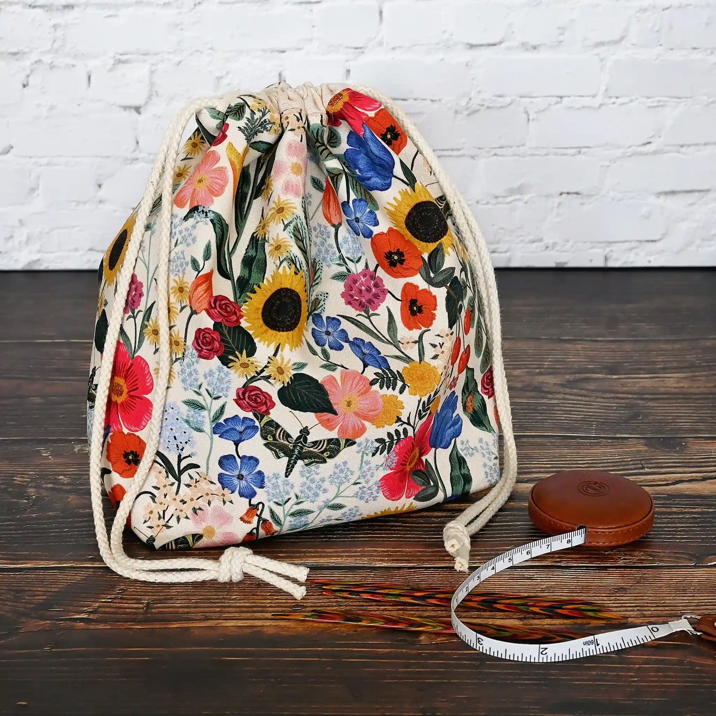 Pretty blush floral project bag with drawstring closure, made from the Curio collection by Rifle Paper Co.  Made in Nova Scotia, Canada by Yellow Petal Handmade.