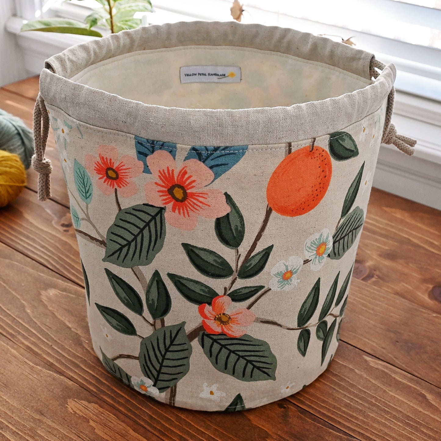 Canvas Bucket Bag with Pockets in Rifle Paper Co. Bramble Fabric