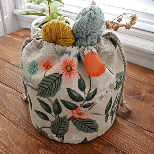 Canvas Bucket Bag with Pockets in Rifle Paper Co. Bramble Fabric