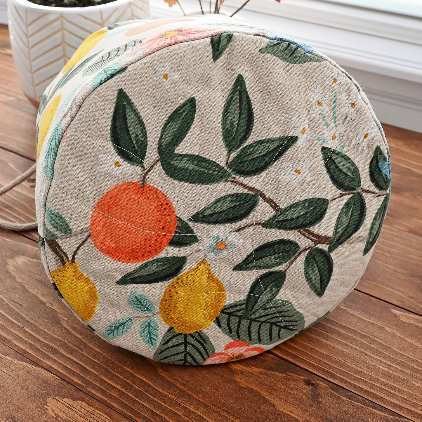 Canvas Bucket Bag with Pockets in Rifle Paper Co. Bramble Fabric