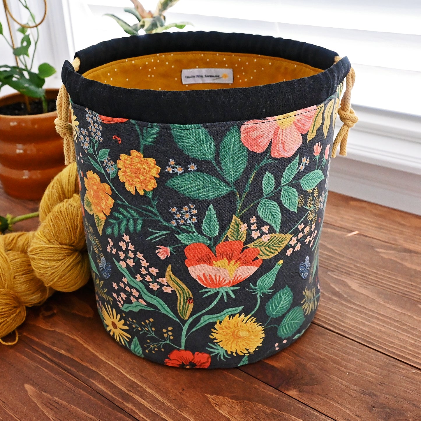 Large Bucket Style Drawstring Knitting Bag with Quilted Bottom