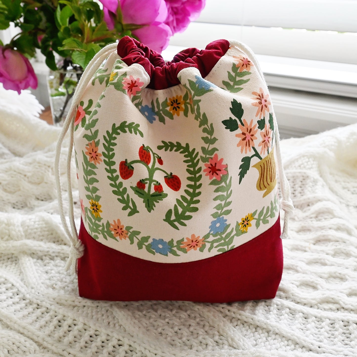 Pretty Pink and Red Canvas Drawstring Project Bag in Rifle Paper's Gracie