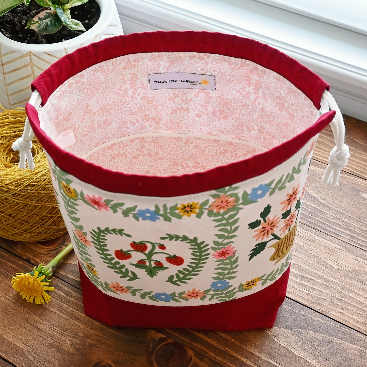 Pretty Pink and Red Canvas Drawstring Project Bag in Rifle Paper's Gracie