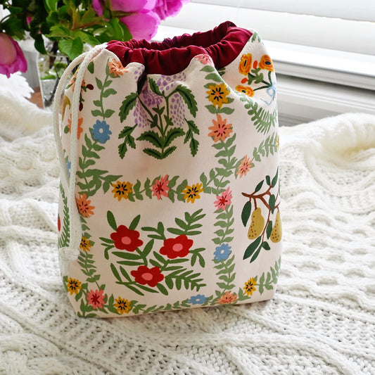 Pretty Pink Canvas Drawstring Project Bag in Rifle Paper's Gracie