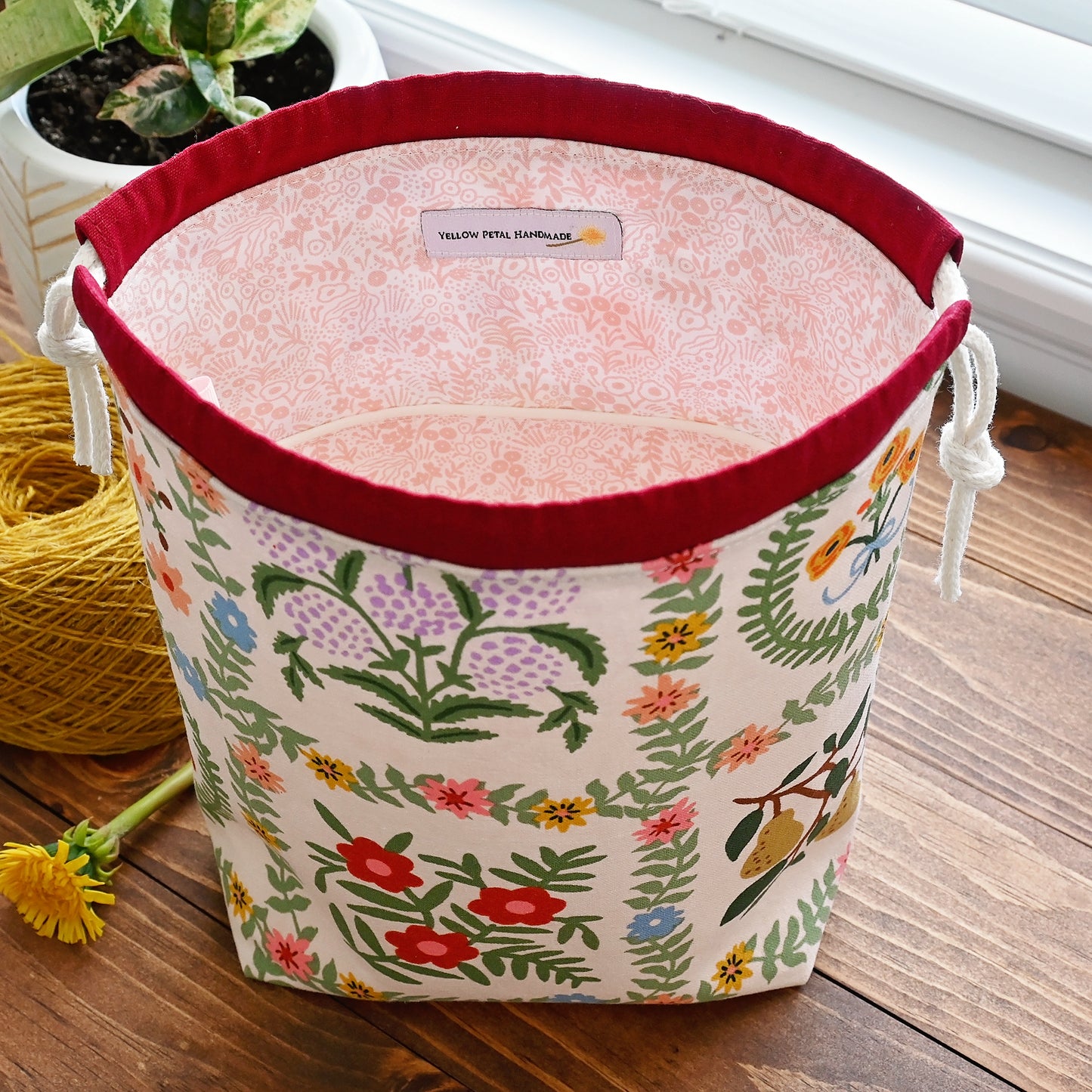 Pretty Pink Canvas Drawstring Project Bag in Rifle Paper's Gracie