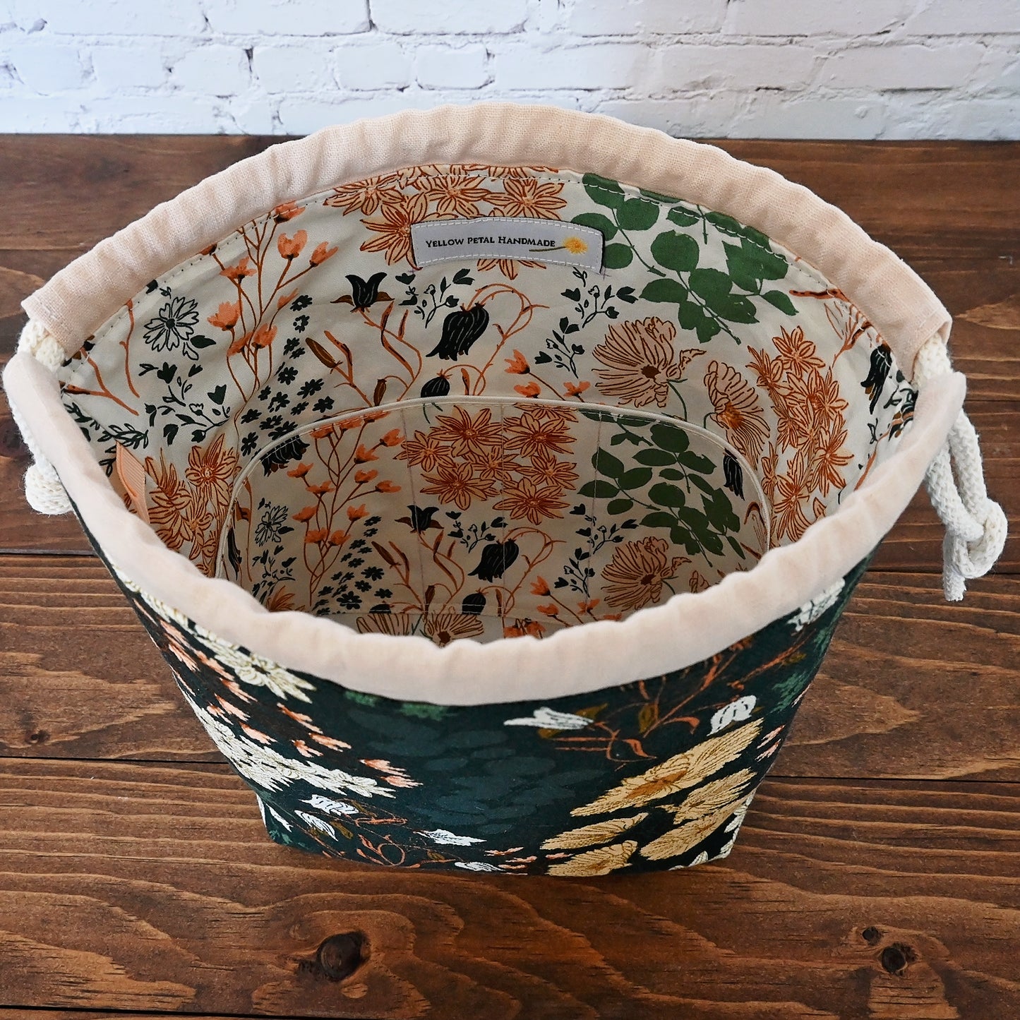 Green Floral Canvas Project Bag with Pockets