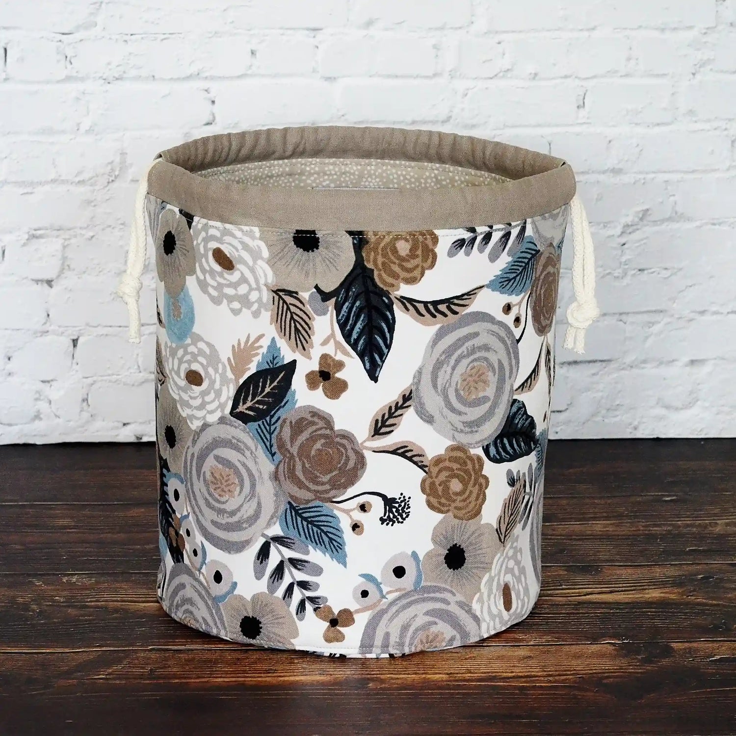 Pretty grey floral bucket bag for knitting or crochet in canvas by Rifle Paper Co.  Made in Nova Scotia by Yellow Petal Handmade.