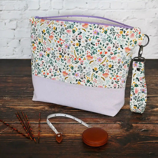 White Floral and Mauve Linen Zippered Project Bag in Rifle Paper's Curio