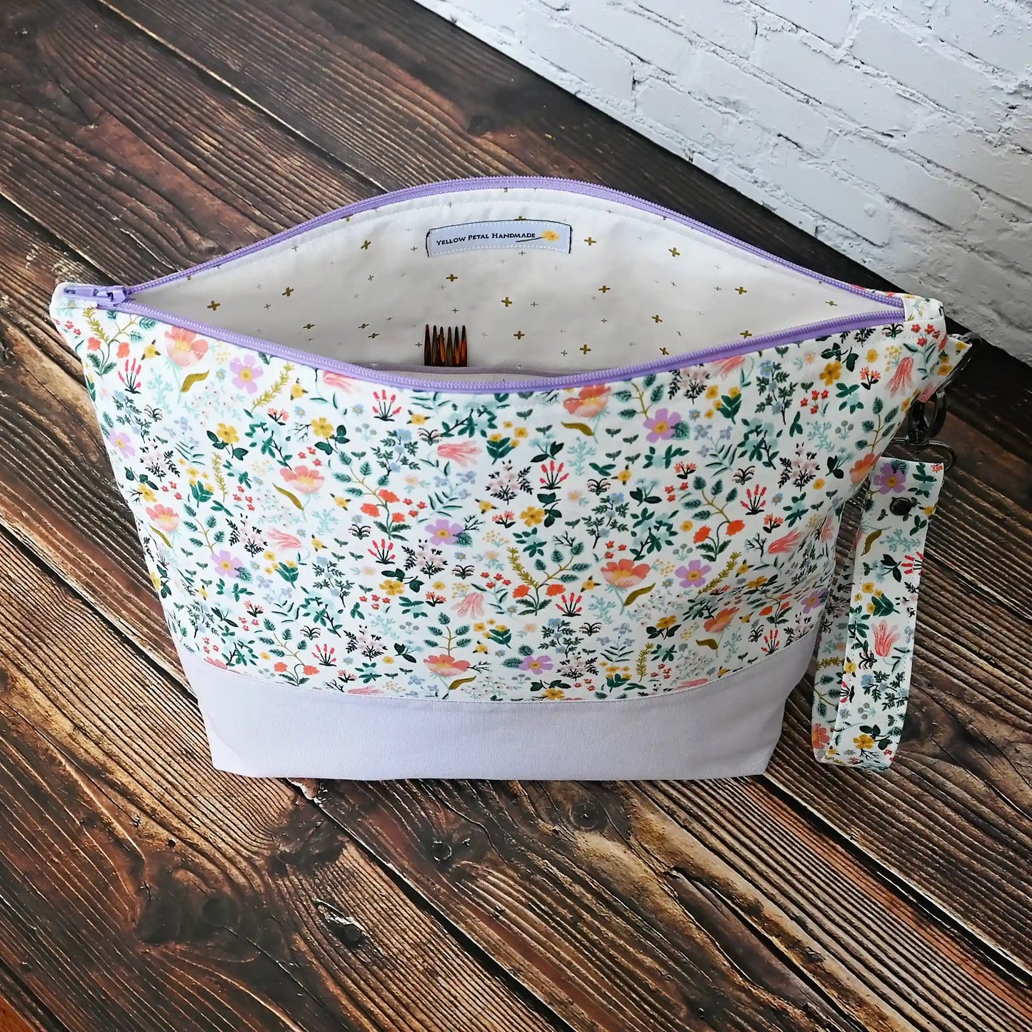 White Floral and Mauve Linen Zippered Project Bag in Rifle Paper's Curio