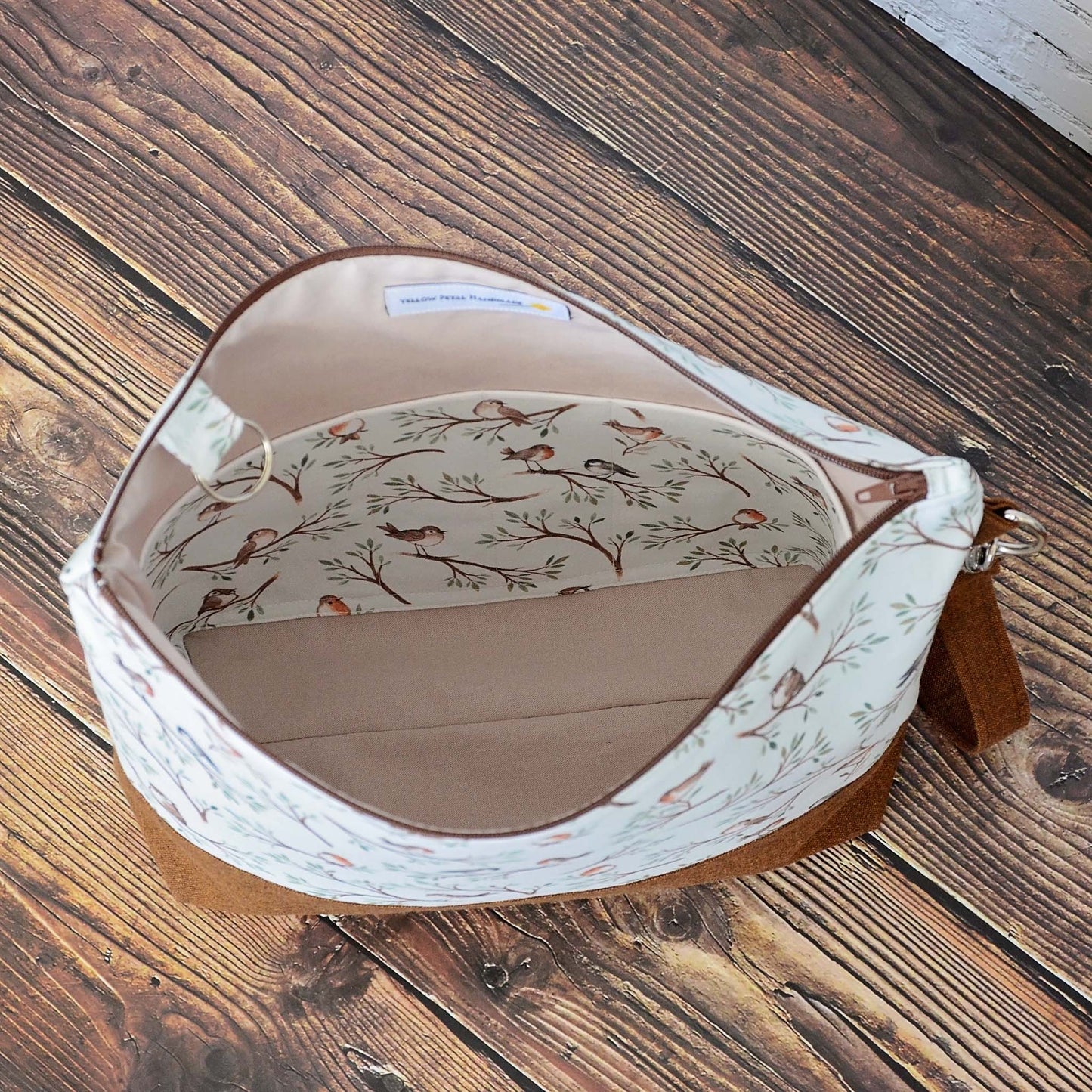 Bird and Owl themed project bag with zipper and wrist strap.  Made in Canada by Yellow Petal Handmade.