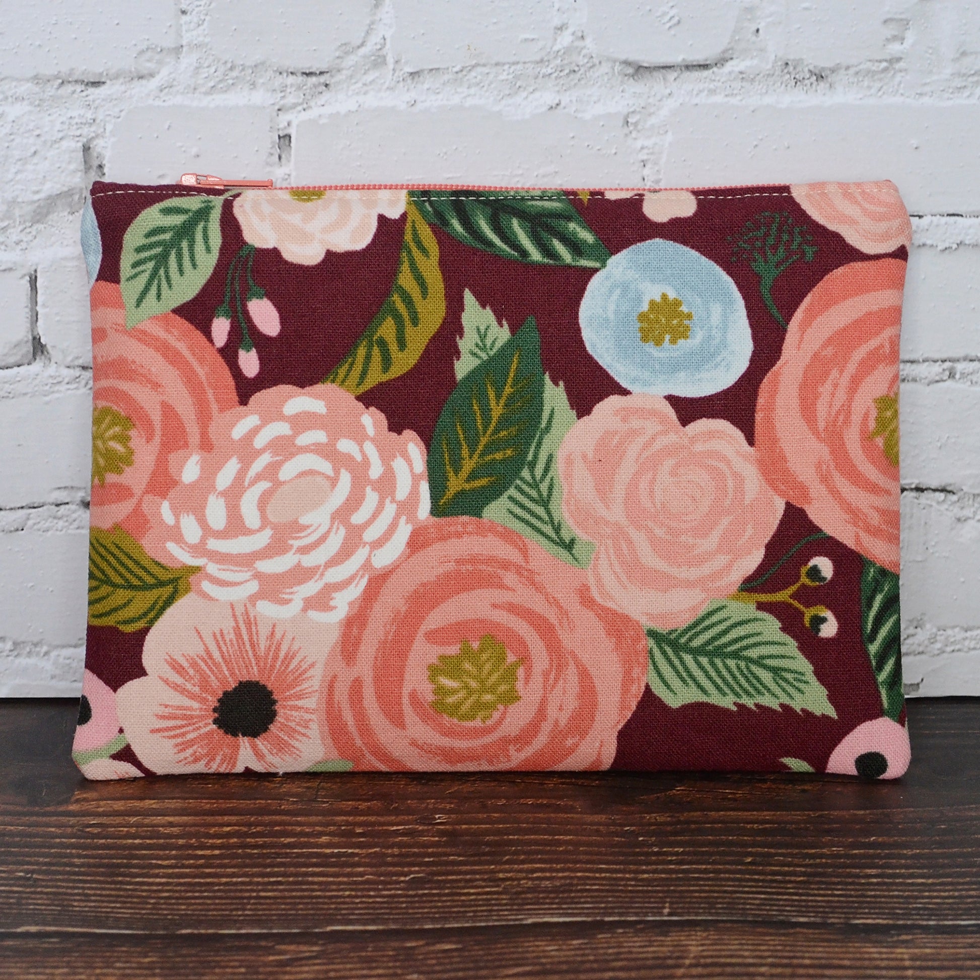 Burgundy Rifle Paper Co linen pouch with zipper by Yellow Petal Handmade.