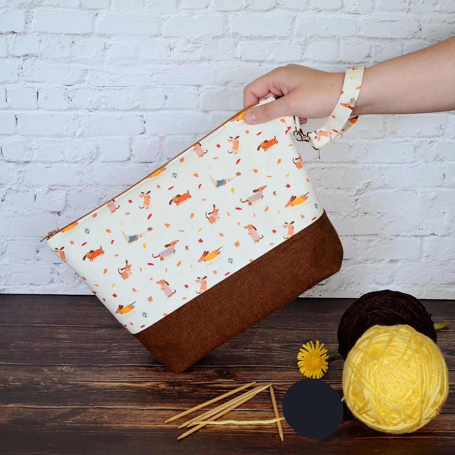 Fall themed knitting project bag with cute dogs and leaves.  Handmade in Nova Scotia, Canada by Yellow Petal Handmade.