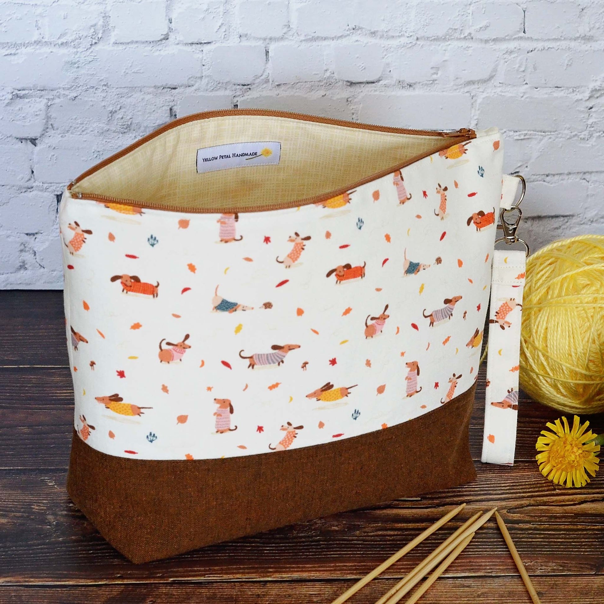 Fall themed knitting project bag with cute dogs and leaves.  Handmade in Nova Scotia, Canada by Yellow Petal Handmade.