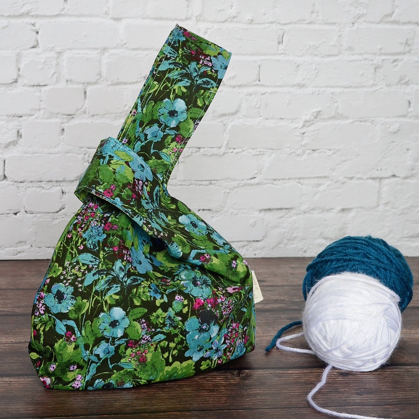 Black and green watercolour patterned knot bag for knitting or crochet works in progress.  Made in Nova Scotia, Canada by Yellow Petal Handmade.