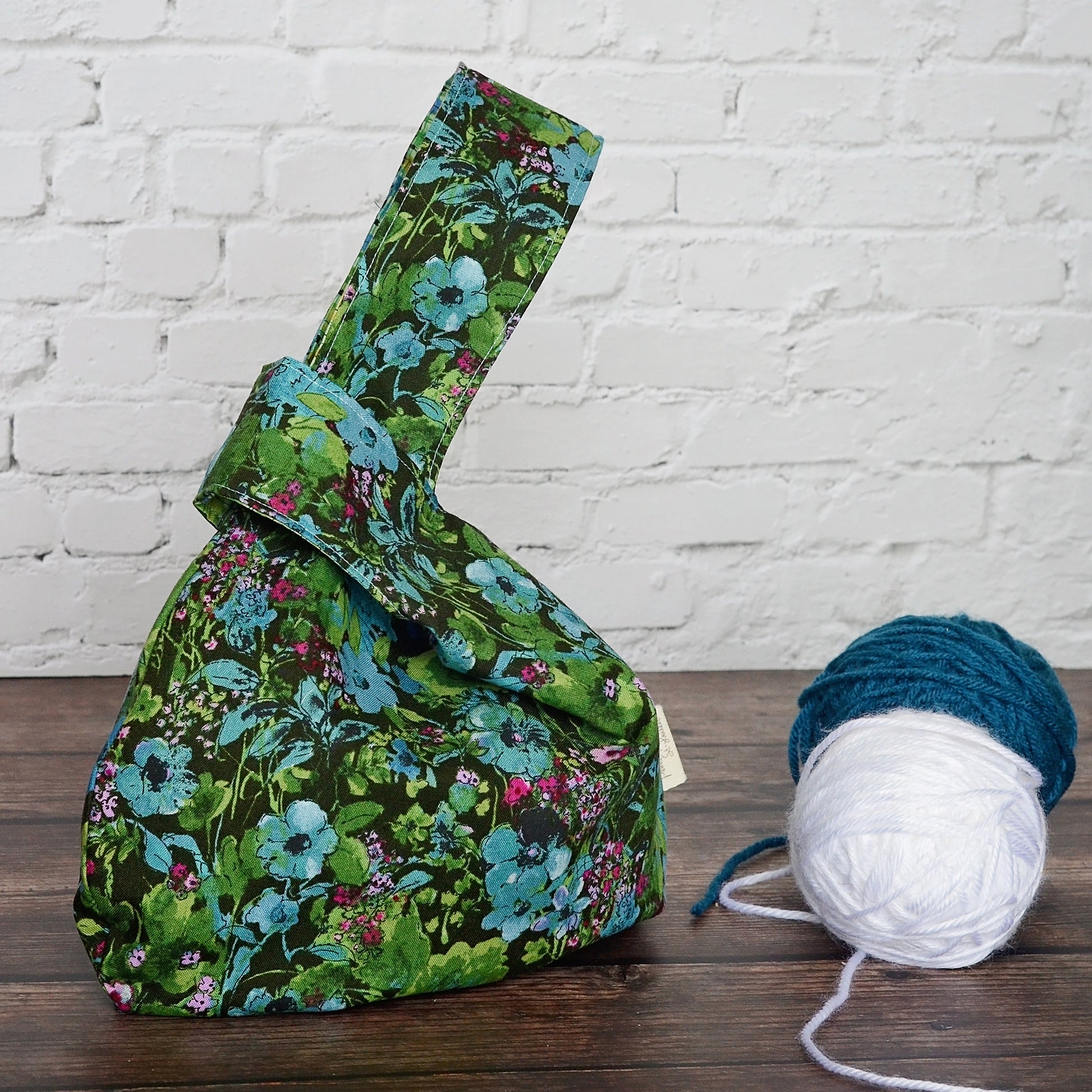 Black and green watercolour patterned knot bag for knitting or crochet works in progress.  Made in Nova Scotia, Canada by Yellow Petal Handmade.