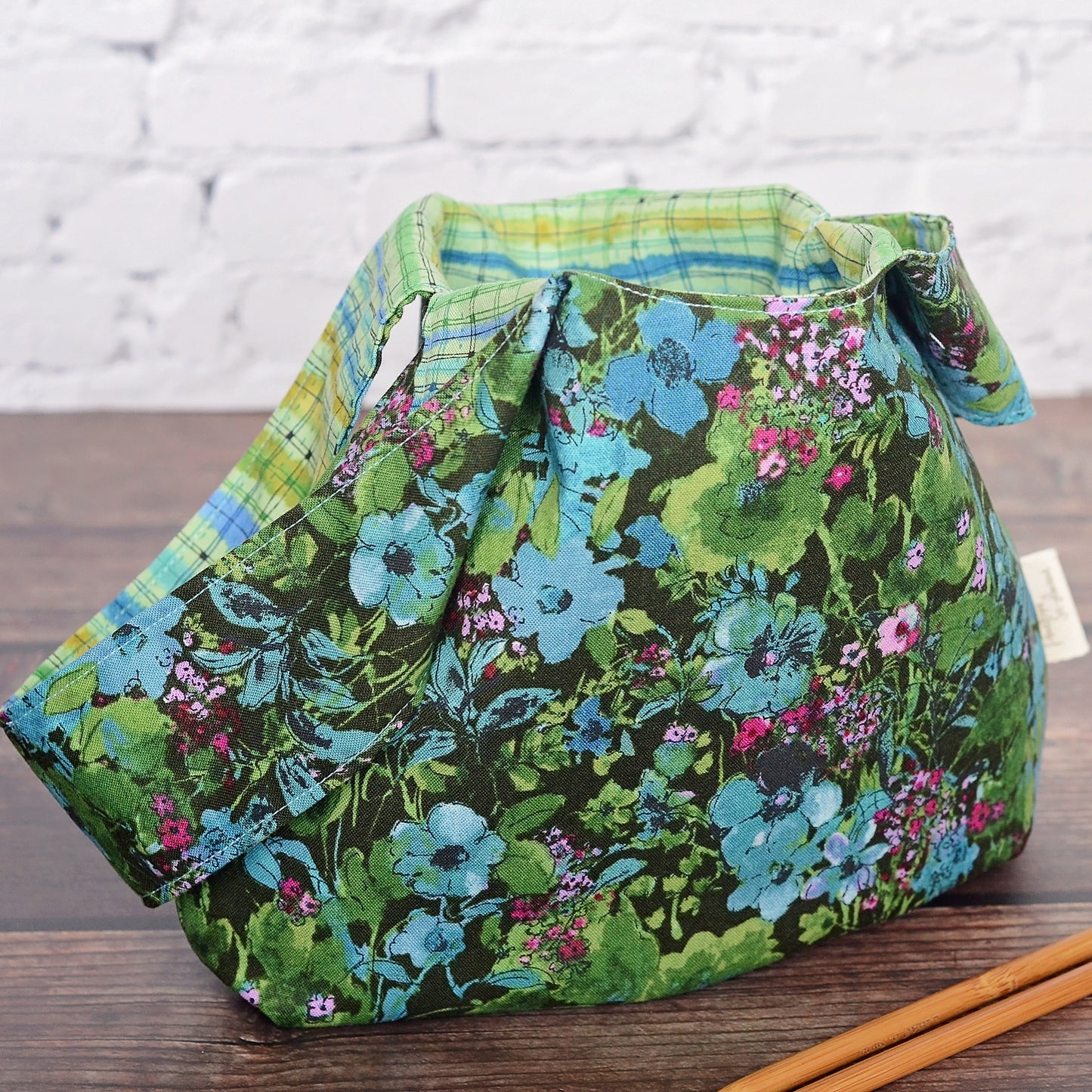 Black and green watercolour patterned knot bag for knitting or crochet works in progress.  Made in Nova Scotia, Canada by Yellow Petal Handmade.