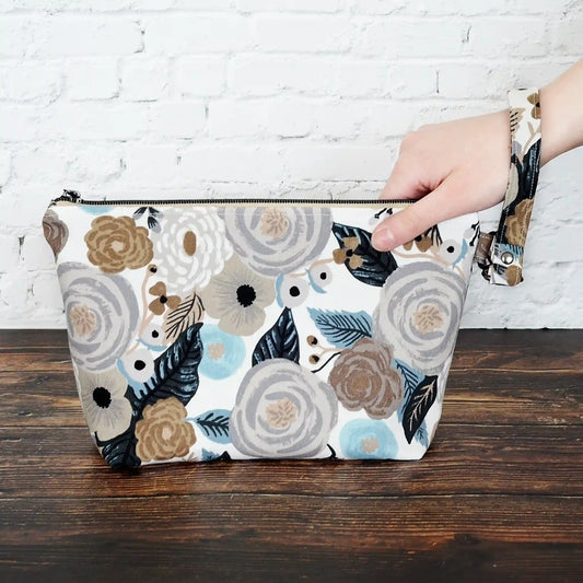 Grey and white floral canvas zippered pouch in Rifle Paper Co.  Made in Nova Scotia, Canada by Yellow Petal Handmade.