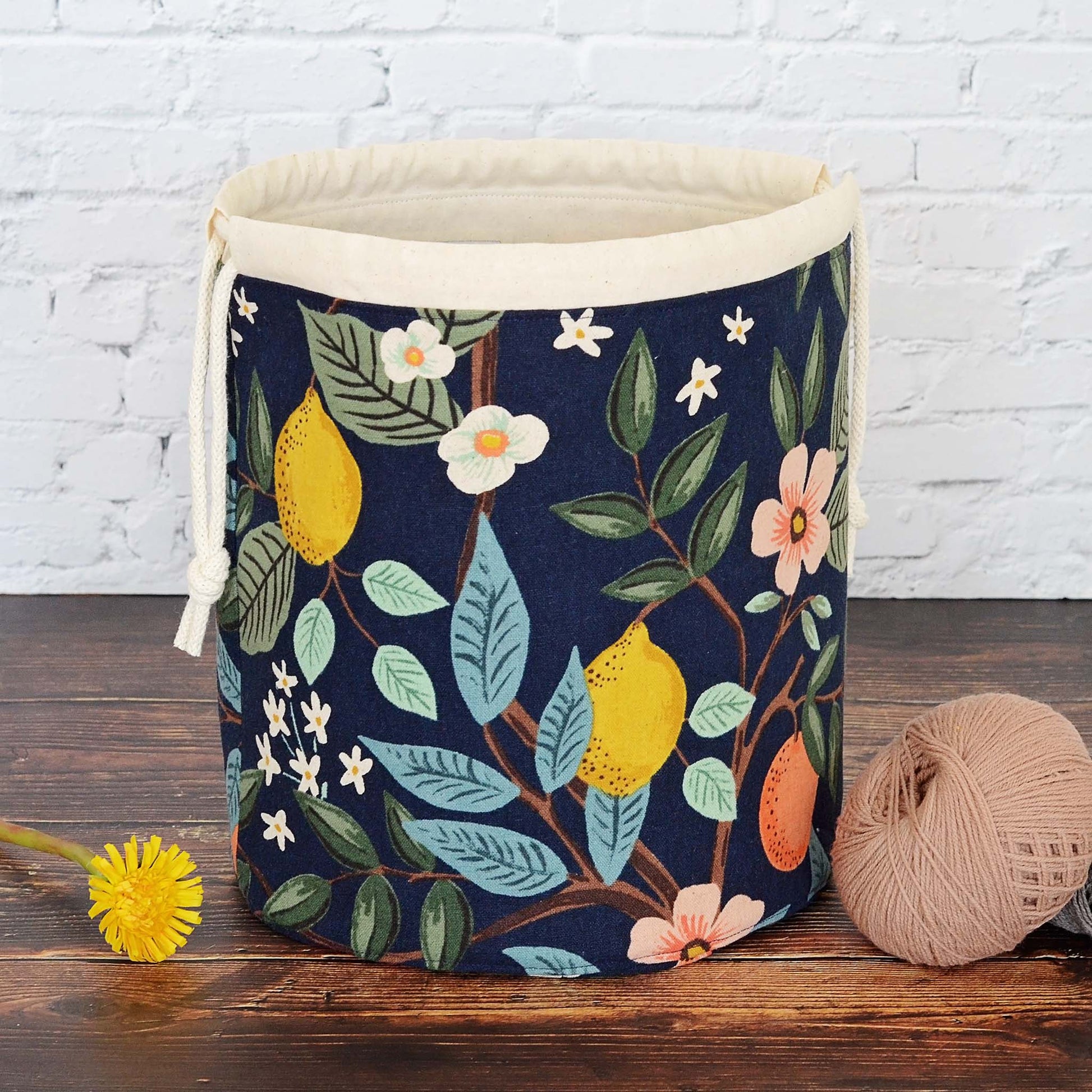 Navy citrus bucket bag for knitting or crochet.  Made from Bramble canvas by Rifle Paper Co.  Handmade in Canada by Yellow Petal Handmade.
