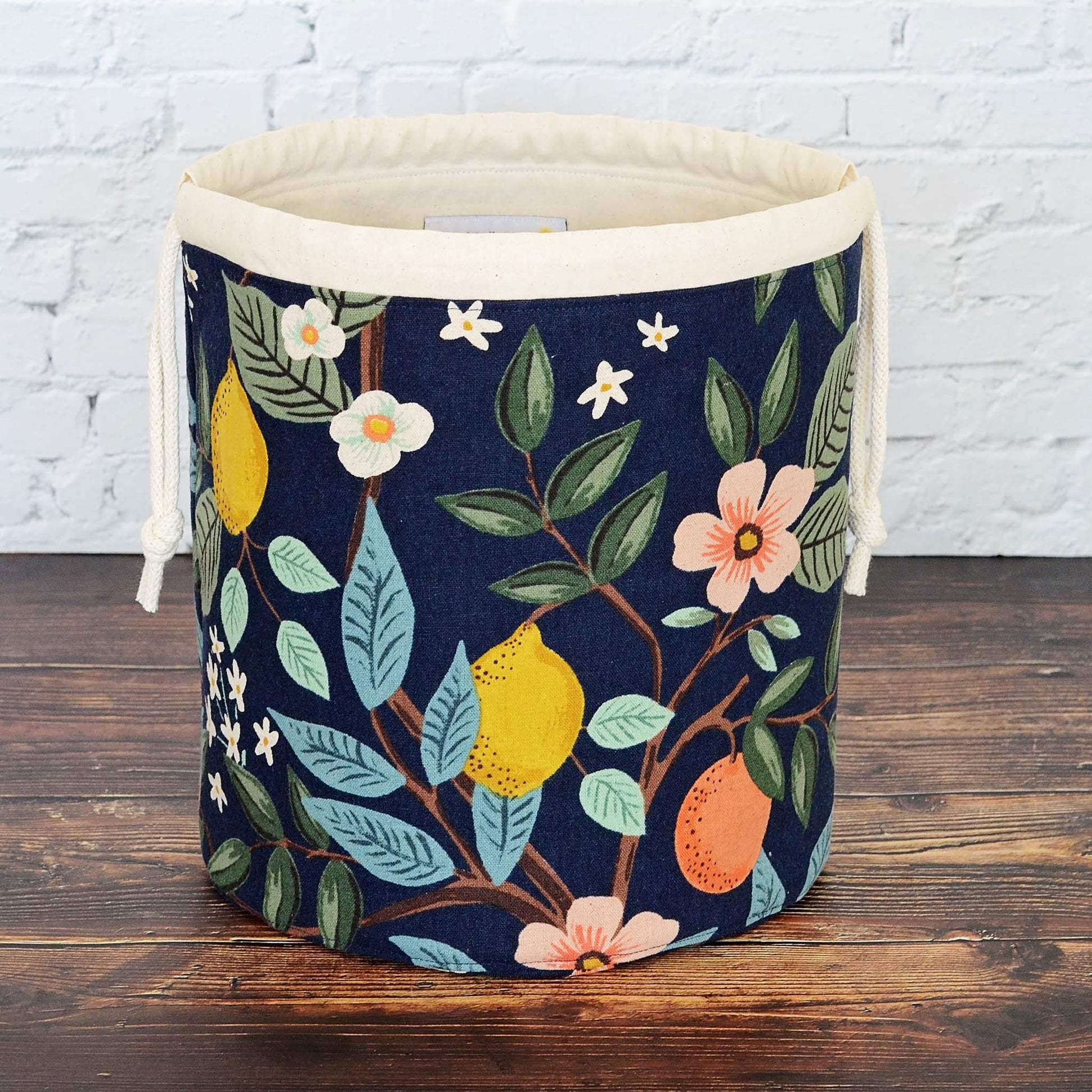 Navy citrus bucket bag for knitting or crochet.  Made from Bramble canvas by Rifle Paper Co.  Handmade in Canada by Yellow Petal Handmade.