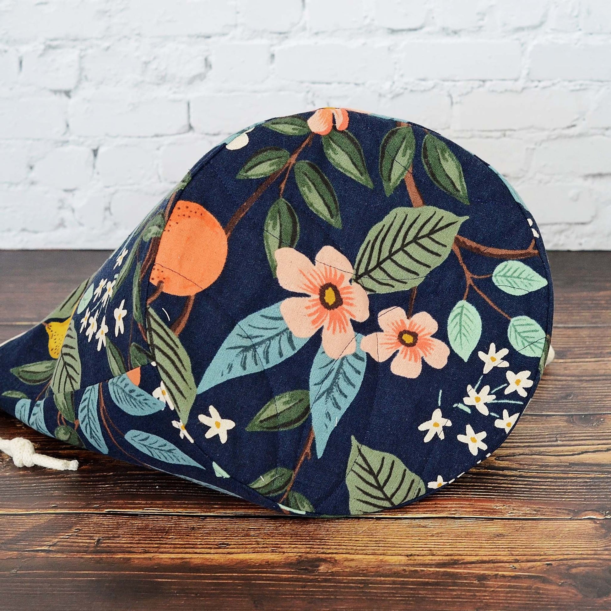 Navy citrus bucket bag for knitting or crochet.  Made from Bramble canvas by Rifle Paper Co.  Handmade in Canada by Yellow Petal Handmade.