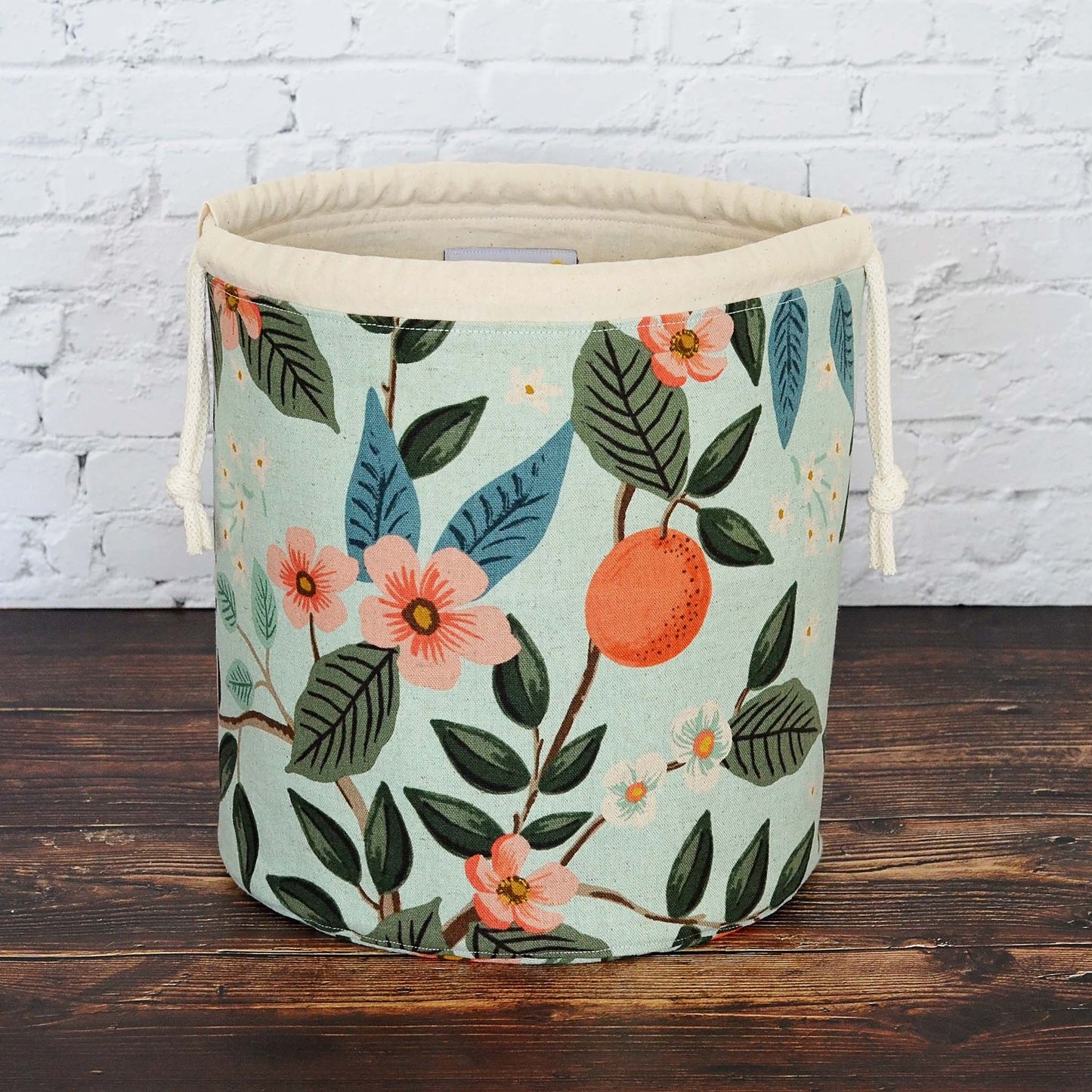 Bucket style project bag in Bramble collection canvas from Rifle Paper Co.  Handmade in Canada by Yellow Petal Handmade.