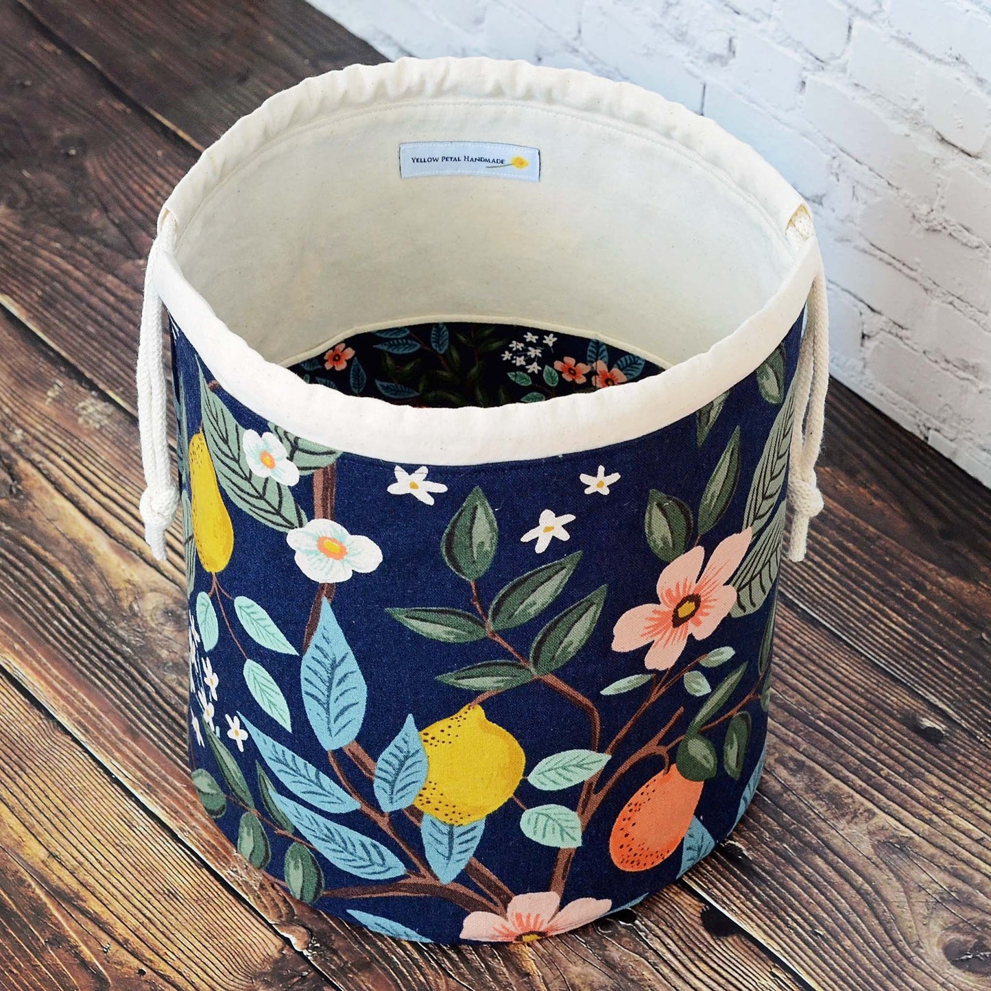 Navy citrus bucket bag for knitting or crochet.  Made from Bramble canvas by Rifle Paper Co.  Handmade in Canada by Yellow Petal Handmade.