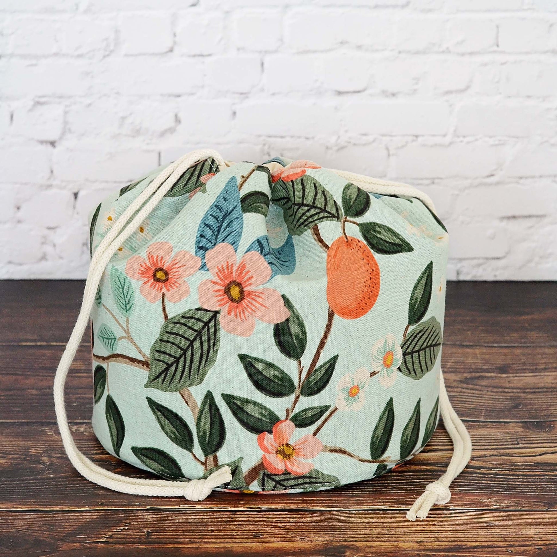 Bucket style project bag in Bramble collection canvas from Rifle Paper Co.  Handmade in Canada by Yellow Petal Handmade.