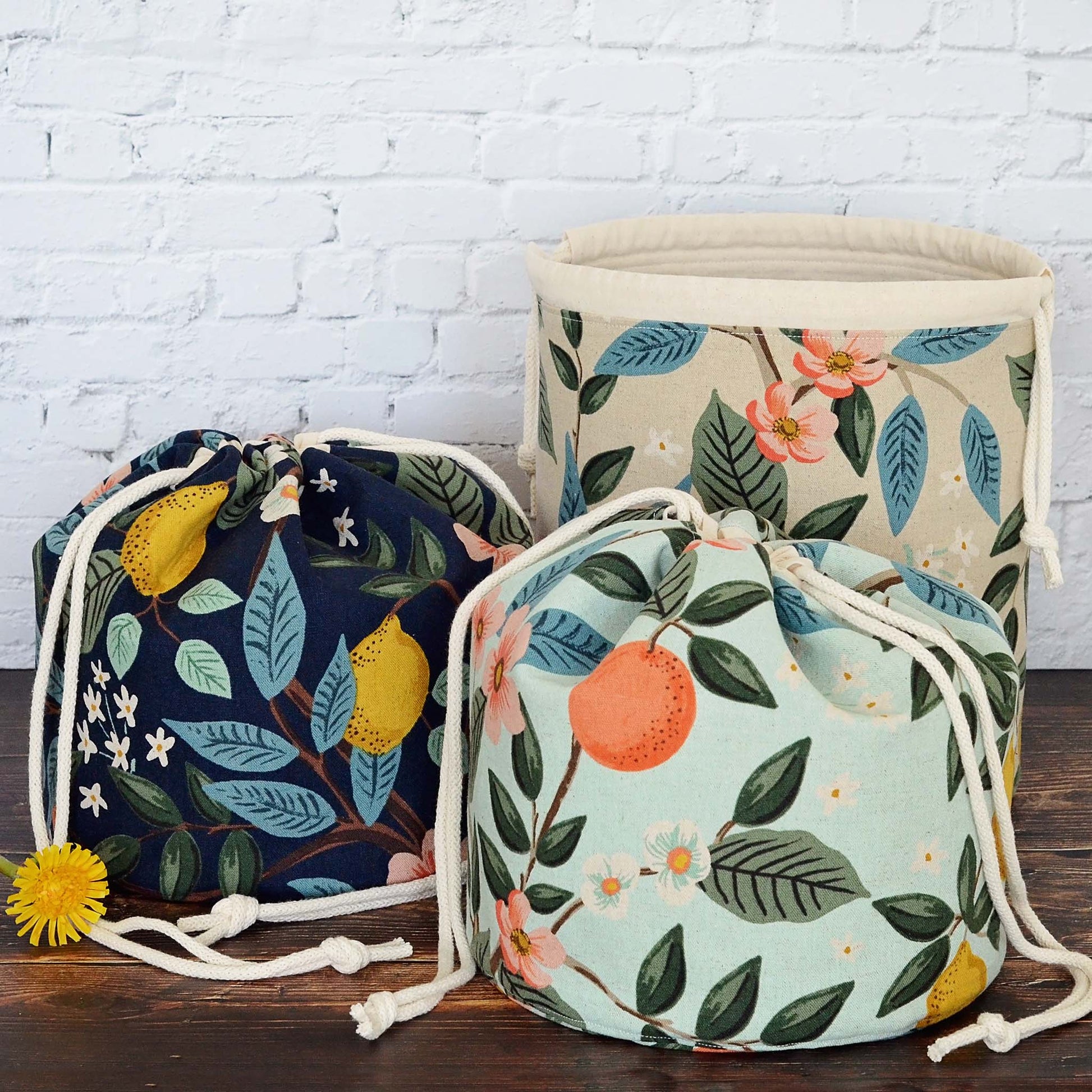 Navy citrus bucket bag for knitting or crochet.  Made from Bramble canvas by Rifle Paper Co.  Handmade in Canada by Yellow Petal Handmade.