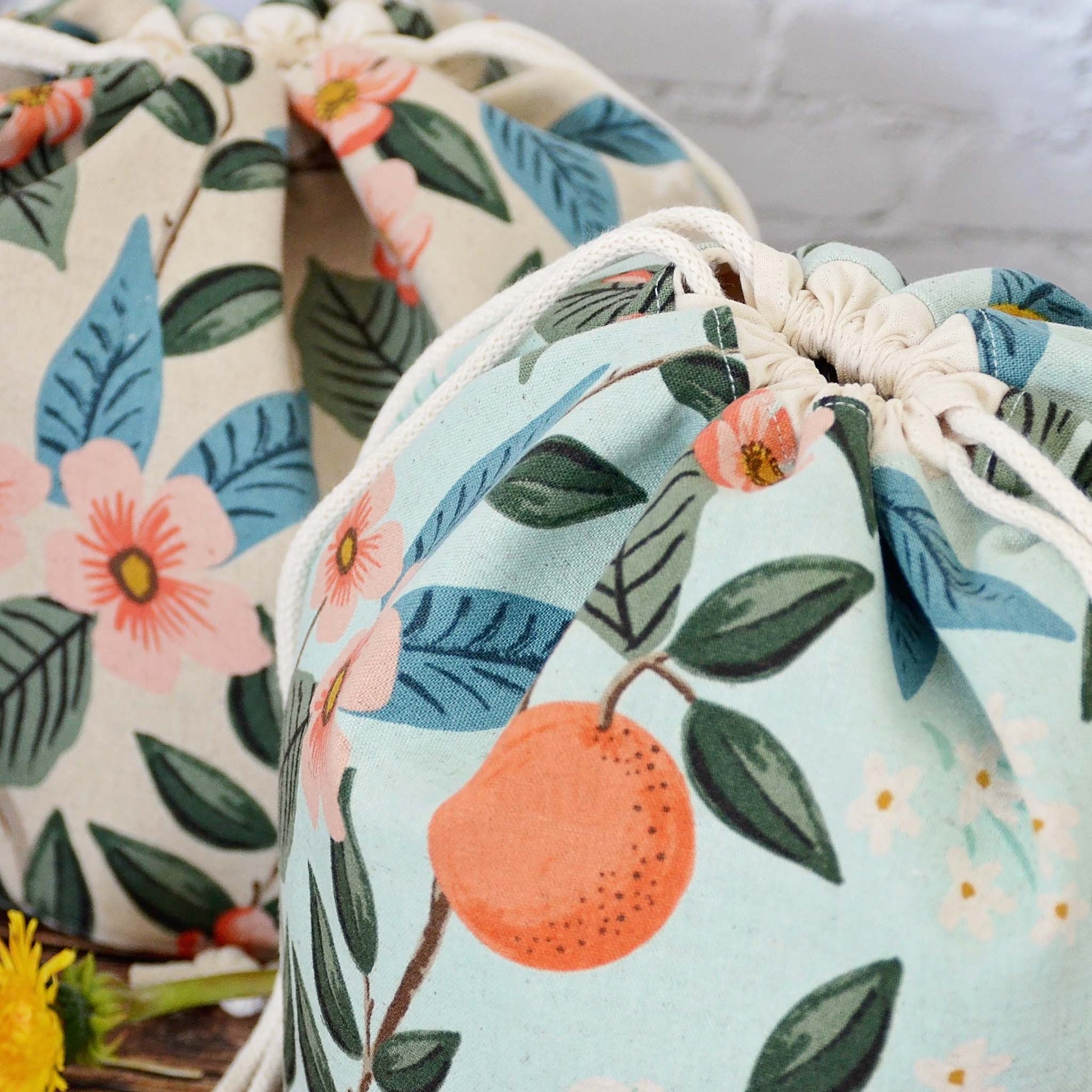 Bucket style project bag in Bramble collection canvas from Rifle Paper Co.  Handmade in Canada by Yellow Petal Handmade.