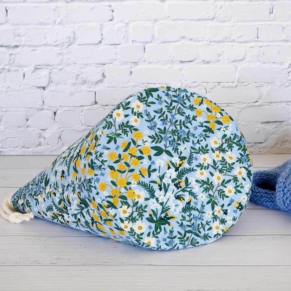 Blue canvas bucket style project bag with scissor chain.  Handmade in Nova Scotia Canada.