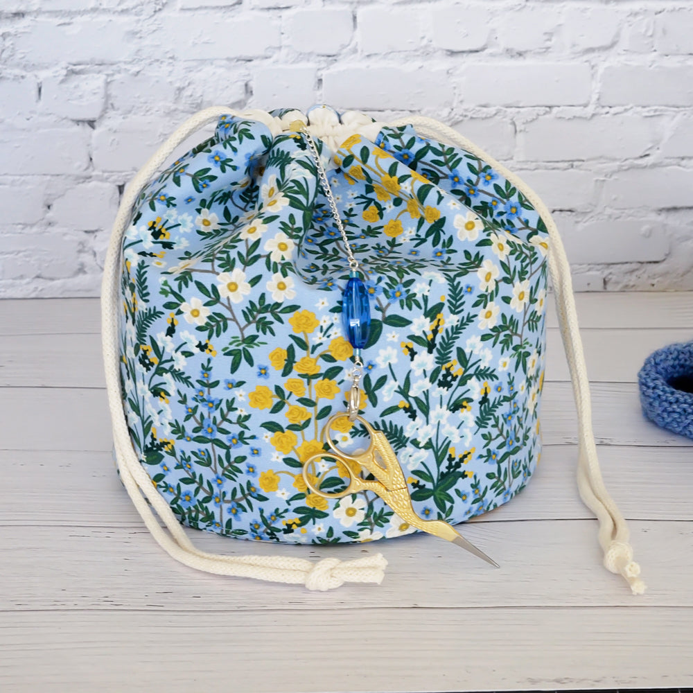 Blue canvas bucket style project bag with scissor chain.  Handmade in Nova Scotia Canada.