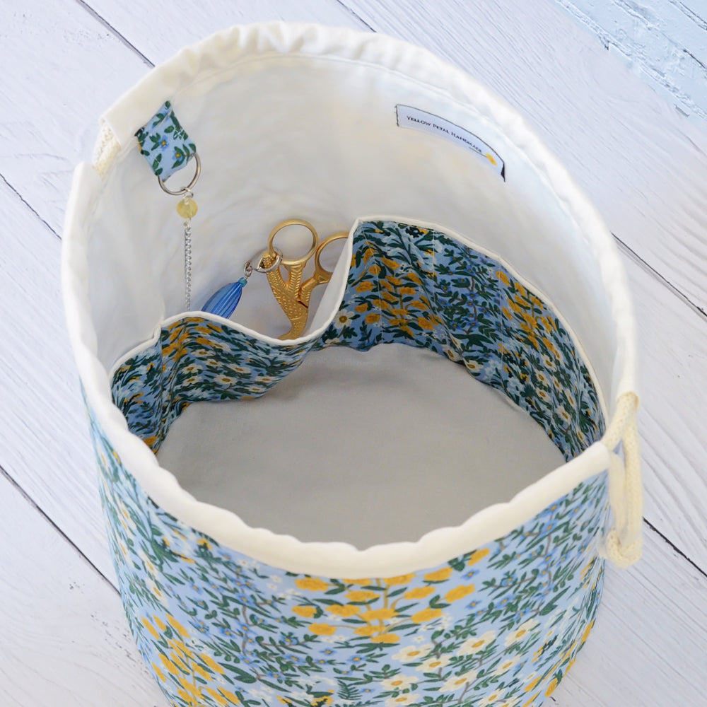 Blue canvas bucket style project bag with scissor chain.  Handmade in Nova Scotia Canada.