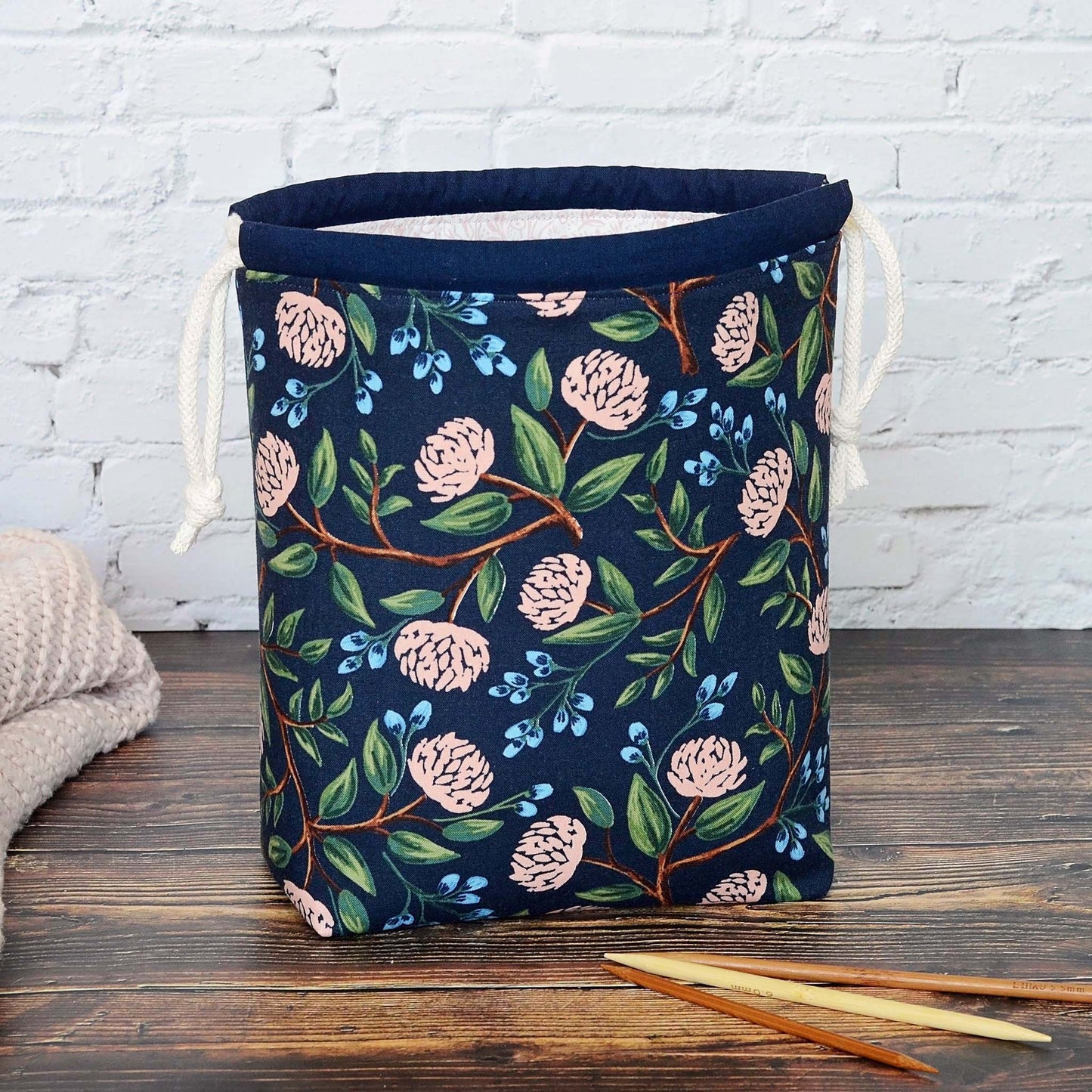 Navy floral drawstring project bag in Rifle Paper Co Peonies cotton.  Made in Canada by Yellow Petal Handmade.