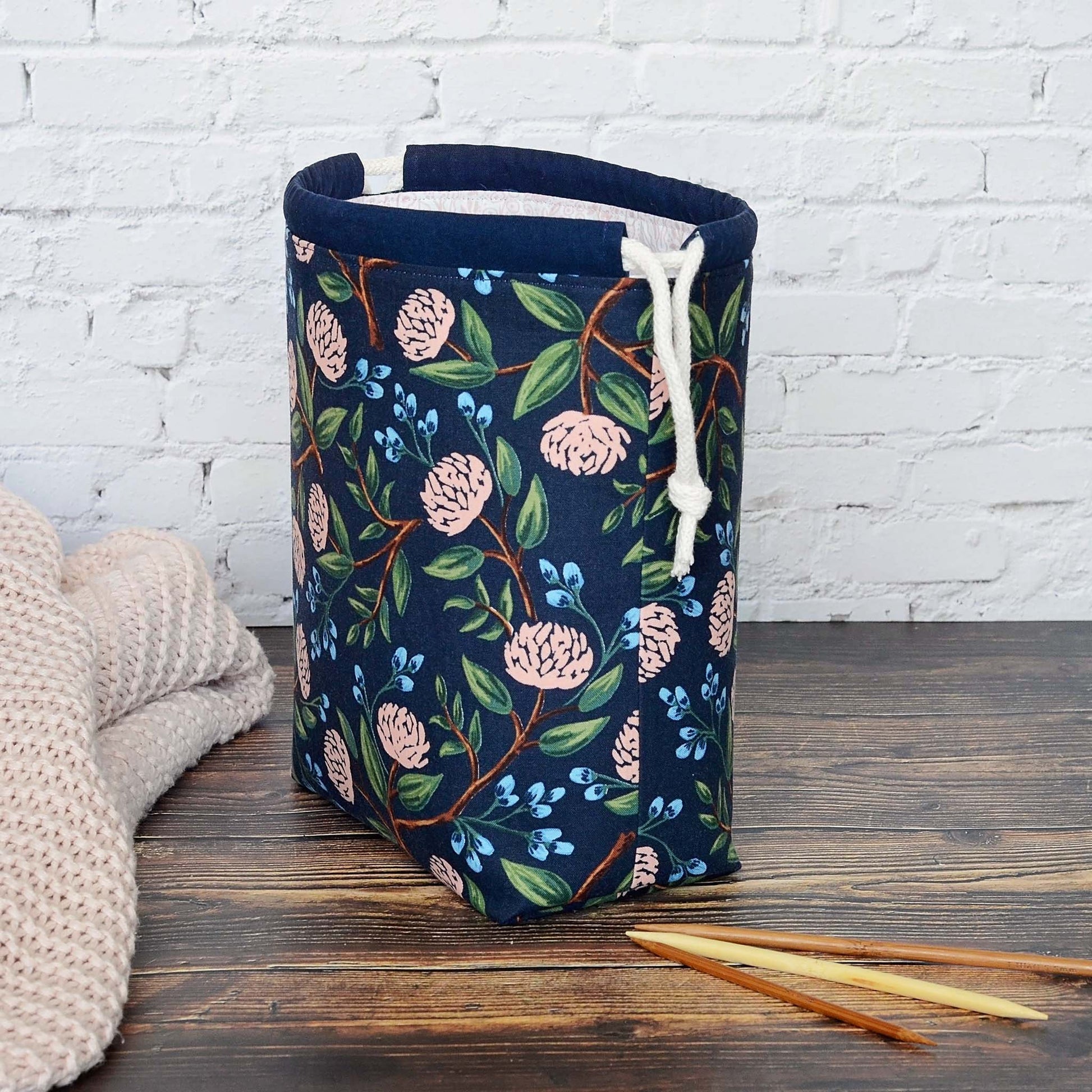 Navy floral drawstring project bag in Rifle Paper Co Peonies cotton.  Made in Canada by Yellow Petal Handmade.
