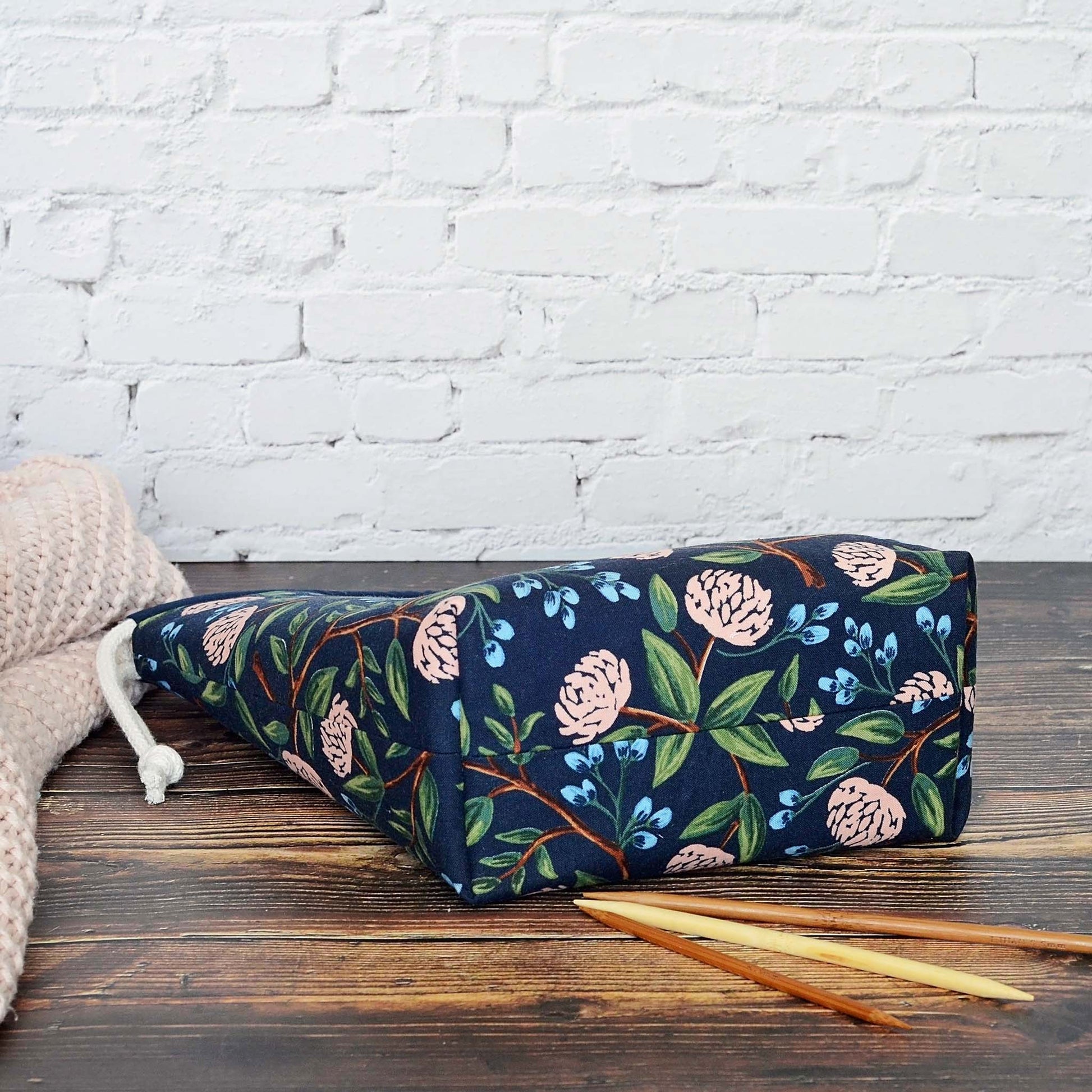 Navy floral drawstring project bag in Rifle Paper Co Peonies cotton.  Made in Canada by Yellow Petal Handmade.